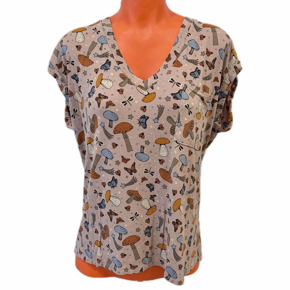 Mushroom and Butterfly Print V-Neck Top